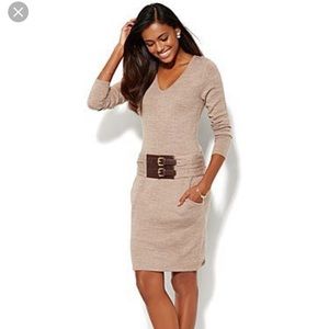 V neck belted sweater dress navy blue